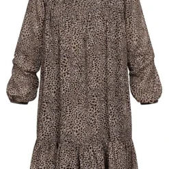 ONLY Damen Mini Langarm Kleid Leo Print Taupe Grau