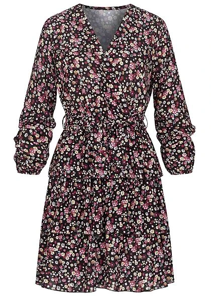 Cloud5ive Damen V-Neck Kleid In Wickeloptik Mit Blumen Print Schwarz Multicolor 3 Cloud5ive Damen V-Neck Kleid In Wickeloptik Mit Blumen Print Schwarz Multicolor
