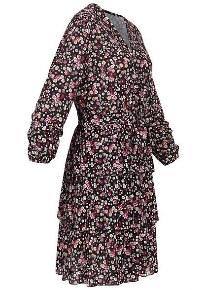 Cloud5ive Damen V-Neck Kleid In Wickeloptik Mit Blumen Print Schwarz Multicolor 4 Cloud5ive Damen V-Neck Kleid In Wickeloptik Mit Blumen Print Schwarz Multicolor – Bild 2