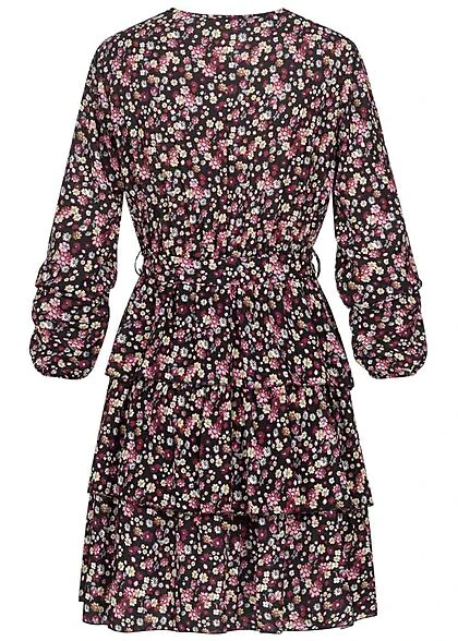 Cloud5ive Damen V-Neck Kleid In Wickeloptik Mit Blumen Print Schwarz Multicolor 5 Cloud5ive Damen V-Neck Kleid In Wickeloptik Mit Blumen Print Schwarz Multicolor – Bild 3