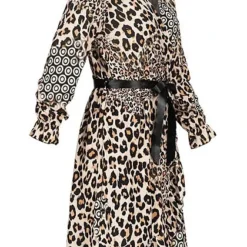 Cloud5ive Damen Kleid V-Neck Wickelkleid Bindegürtel Leo Print Beige Schwarz -Diven Art Verkäufe 21086680 1