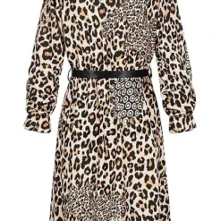 Cloud5ive Damen Kleid V-Neck Wickelkleid Bindegürtel Leo Print Beige Schwarz -Diven Art Verkäufe 21086680 2