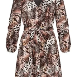 Styleboom Fashion Damen V-Neck Chiffon Kleid Animal Print Knopfleiste Schwarz