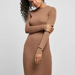 Urban Classics Damen Ribbed Mini Langarm Kleid D. Khaki