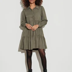 Hailys Damen Kleid Langärmlig Mit Knopfleiste Und Volants Khaki Dunkel Grün -Diven Art Verkäufe 21092143 3