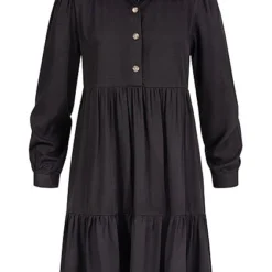 Hailys Damen Kleid Langärmlig Mit Knopfleiste Und Volants Schwarz