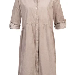 Styleboom Fashion Damen Kleid Turn-Up Mit Knopfleiste Taupe Braun