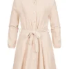 Styleboom Fashion Damen Kleid Langarm Mit 7 Knöpfen Bindegürtel Beige -Diven Art Verkäufe 21106754