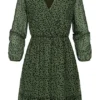 Cloud5ive Damen Langarm V-Neck Chiffon Kleid Leo Print Grün Schwarz -Diven Art Verkäufe 21106816