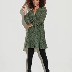 Cloud5ive Damen Langarm V-Neck Chiffon Kleid Leo Print Grün Schwarz -Diven Art Verkäufe 21106816 3