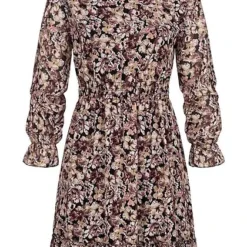 Styleboom Fashion Damen Chiffon Kleid Mit Stehkragen & Rüschen Blumen Print Braun