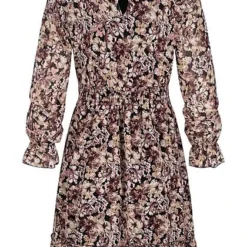 Styleboom Fashion Damen Chiffon Kleid Mit Stehkragen & Rüschen Blumen Print Braun -Diven Art Verkäufe 21106909 2