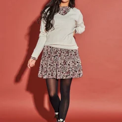 Cloud5ive Damen Chiffon Kleid Mit Stehkragen Rüschen & Blumen Print Braun Rosa -Diven Art Verkäufe 21106909 3 1