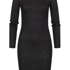 Styleboom Fashion Damen Rippoptik Kleid Longsleeve Schwarz