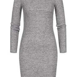 Styleboom Fashion Damen Rippoptik Kleid Longsleeve Silber Grau