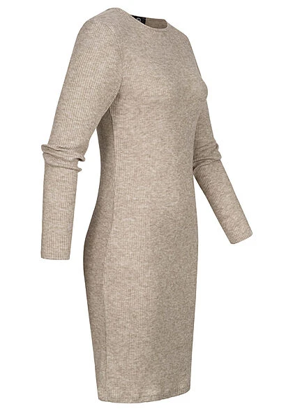 Styleboom Fashion Damen Rippoptik Kleid Longsleeve Beige 4 Styleboom Fashion Damen Rippoptik Kleid Longsleeve Beige – Bild 2
