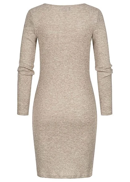 Styleboom Fashion Damen Rippoptik Kleid Longsleeve Beige 5 Styleboom Fashion Damen Rippoptik Kleid Longsleeve Beige – Bild 3