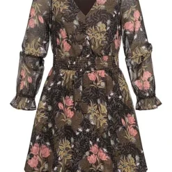 ONLY Damen Mini V-Neck Chiffon Kleid Mit Knopfleiste Floraler Print Plum Truffle Braun