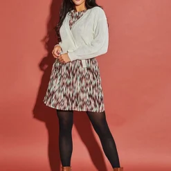 Aiki Damen Elegantes Kurzes Viskose Kleid Tailliengummizug 2-lagig Abstrakter Print Jade -Diven Art Verkäufe 21110438 3