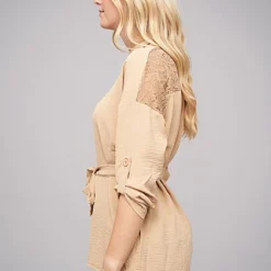 Cloud5ive Damen Turn-Up Kleid Mit Bindedetail Tunika Beige -Diven Art Verkäufe 21116021 2