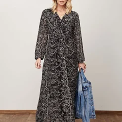 Cloud5ive Damen Langes Chiffon Kleid V-Neck Viskoseeinsatz Print Schwarz Weiss -Diven Art Verkäufe 21116044 3