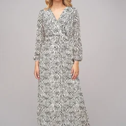 Cloud5ive Damen Langes Chiffon Kleid V-Neck Viskoseeinsatz Print Weiss Schwarz