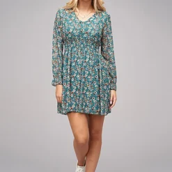 Cloud5ive Damen Chiffon Kleid V-Neck Breiter Gummibund Blumen Print Blau -Diven Art Verkäufe 21116049 2