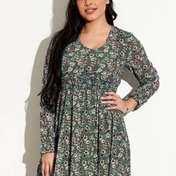 Cloud5ive Damen Chiffon Kleid V-Neck Breiter Gummibund Blumen Print Blau -Diven Art Verkäufe 21116049 3