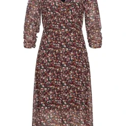 Styleboom Fashion Damen V-Neck Chiffon Midi Kleid Blumen Print Schwarz Weinrot