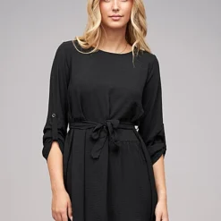 Cloud5ive Damen Turn-Up Kleid Inkl. Bindegürtel Schwarz