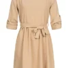 Cloud5ive Damen Turn-Up Kleid Inkl. Bindegürtel Beige -Diven Art Verkäufe 21116985