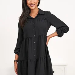 Cloud5ive Damen Volant Kleid Mit Knopfleiste Schwarz -Diven Art Verkäufe 21117003 1