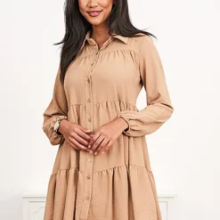 Cloud5ive Damen Volant Kleid Mit Knopfleiste Beige -Diven Art Verkäufe 21117004 3