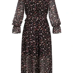 Cloud5ive Damen V-Neck Chiffon Longform Kleid Blumen Print Inkl. Bindegürtel Schwarz -Diven Art Verkäufe 21117011 2