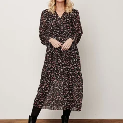 Cloud5ive Damen V-Neck Chiffon Longform Kleid Blumen Print Inkl. Bindegürtel Schwarz -Diven Art Verkäufe 21117011 3