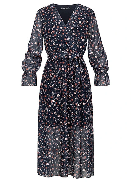 Cloud5ive Damen V-Neck Chiffon Longform Kleid Blumen Print Inkl. Bindegürtel Dunkel Blau 3 Cloud5ive Damen V-Neck Chiffon Longform Kleid Blumen Print Inkl. Bindegürtel Dunkel Blau
