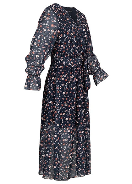 Cloud5ive Damen V-Neck Chiffon Longform Kleid Blumen Print Inkl. Bindegürtel Dunkel Blau 4 Cloud5ive Damen V-Neck Chiffon Longform Kleid Blumen Print Inkl. Bindegürtel Dunkel Blau – Bild 2
