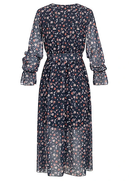 Cloud5ive Damen V-Neck Chiffon Longform Kleid Blumen Print Inkl. Bindegürtel Dunkel Blau 5 Cloud5ive Damen V-Neck Chiffon Longform Kleid Blumen Print Inkl. Bindegürtel Dunkel Blau – Bild 3