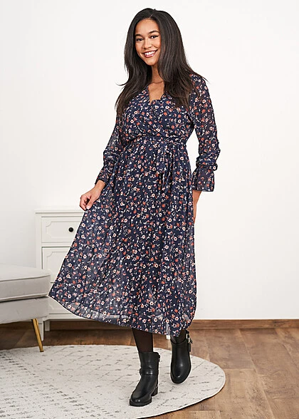 Cloud5ive Damen V-Neck Chiffon Longform Kleid Blumen Print Inkl. Bindegürtel Dunkel Blau 6 Cloud5ive Damen V-Neck Chiffon Longform Kleid Blumen Print Inkl. Bindegürtel Dunkel Blau – Bild 4