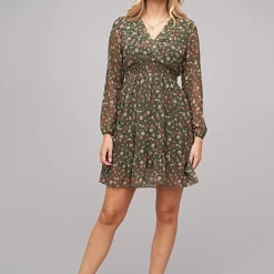 Cloud5ive Damen V-Neck Chiffon Kleid Mit Taillengummizug Blumen Print 2-lagig Grün -Diven Art Verkäufe 21117013 2