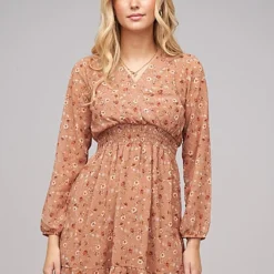 Cloud5ive Damen V-Neck Chiffon Kleid Mit Taillengummizug Blumen Print 2-lagig Nude