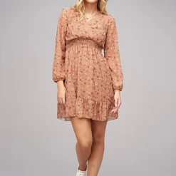 Cloud5ive Damen V-Neck Chiffon Kleid Mit Taillengummizug Blumen Print 2-lagig Nude -Diven Art Verkäufe 21117014 2