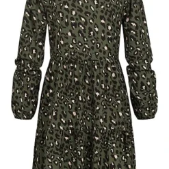 Cloud5ive Damen Kurzes Crep Chiffon Kleid Mit Leo Print Grün Schwarz -Diven Art Verkäufe 21126120 2