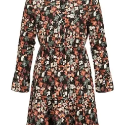 Cloud5ive Damen Crep Chiffon Kleid Mit Knopfleiste Blumen Print Volants Schwarz Multic.