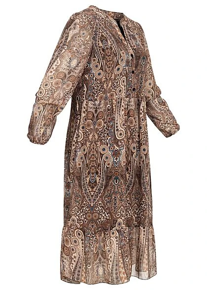 Cloud5ive Damen Langes V-Neck Kleid Mit Knopfleiste Paisley Print 2-lagig Braun Beige 4 Cloud5ive Damen Langes V-Neck Kleid Mit Knopfleiste Paisley Print 2-lagig Braun Beige – Bild 2