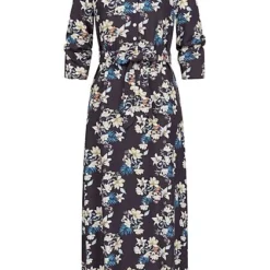 Pieces Damen 3/4 Arm Viskose Longform Kleid Mit Blumen Print Navy Blazer Blau