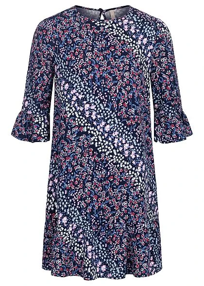 ONLY Kids Mädchen 3/4 Arm Frill Kleid Mit Blumen Muster Evening Blau Rosa