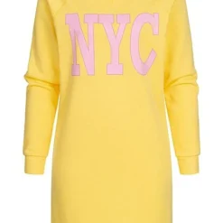 JACQUELINE DE YONG JDY By ONLY Damen Kurzes Sweat Kleid Mit NYC Print Cream Gelb Pink