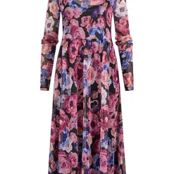 VILA Damen Midi Mesh Kleid Mit Blumen Muster 2-lagig Schwarz Pink Blau -Diven Art Verkäufe 22020126 1