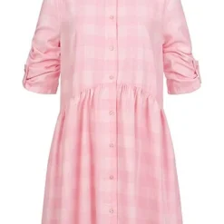 ONLY Damen Volant Kleid Mit Knopfleiste 3/4 Arm Kariert Parfait Rosa